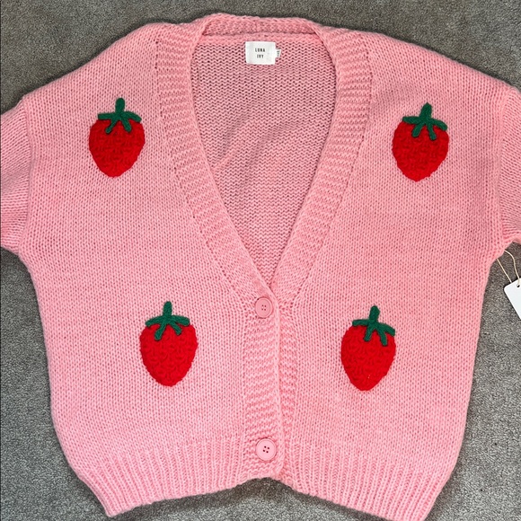 NWT Luna Ivy Chunky Strawberry Knit Cardigan Sweater Pink Size Small - Picture 2 of 7